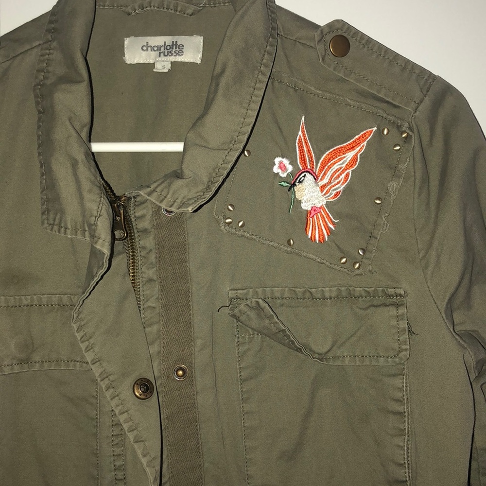 Army Green Embroidered Utility Jacket - Picture 4 of 4
